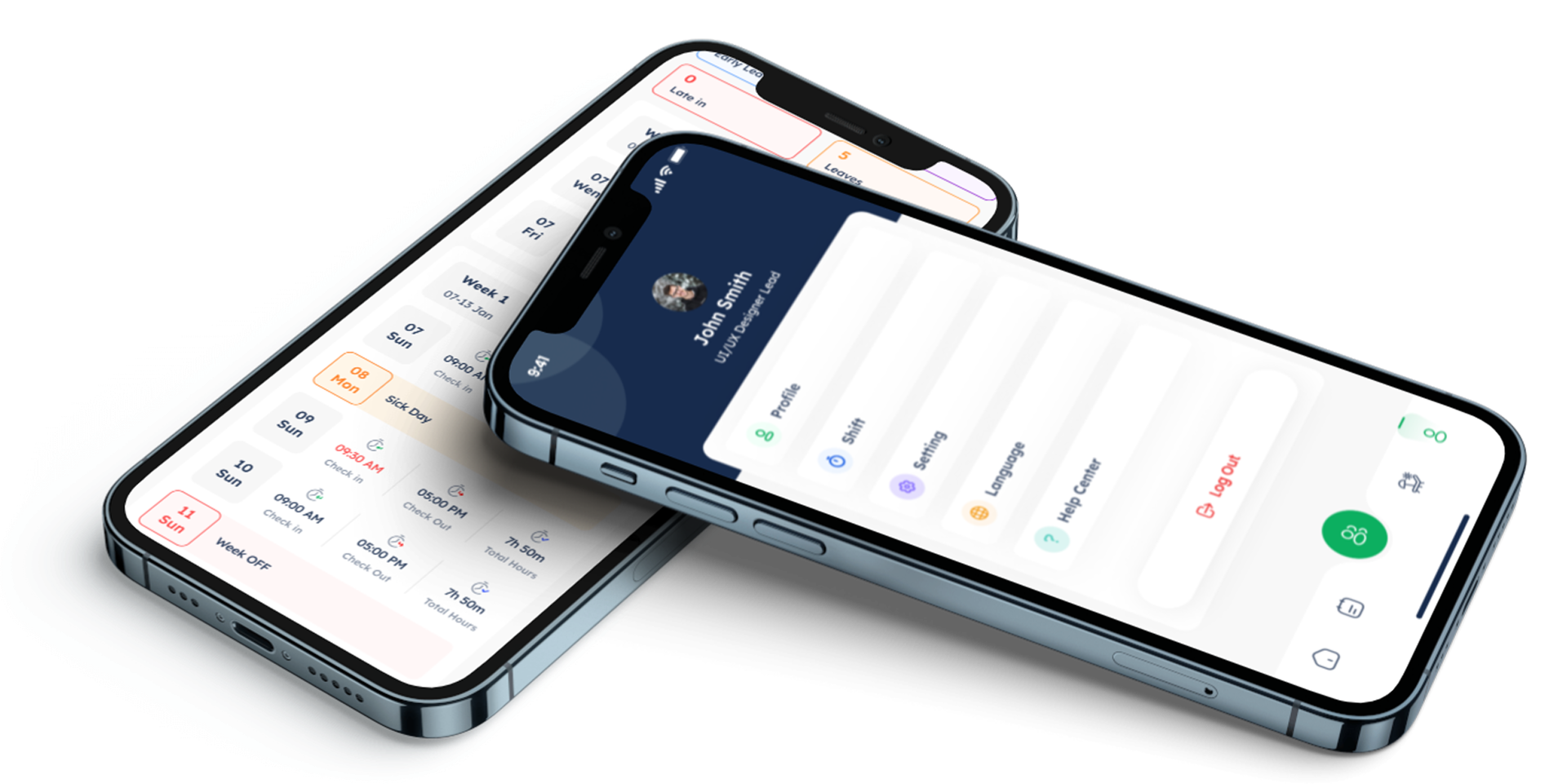 Two smartphones displaying a time tracking app interface with user profile and weekly check-in/out details.